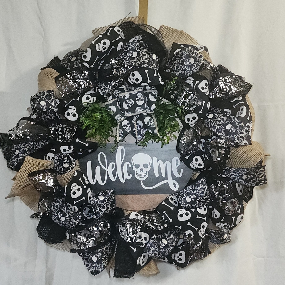 Skull Welcome Wreath - Black and White - Halloween Or Everyday Goth